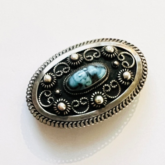 Midcentury 1940's Silver Filagree Brooch - Set with Blue stone - Picture 3 of 14